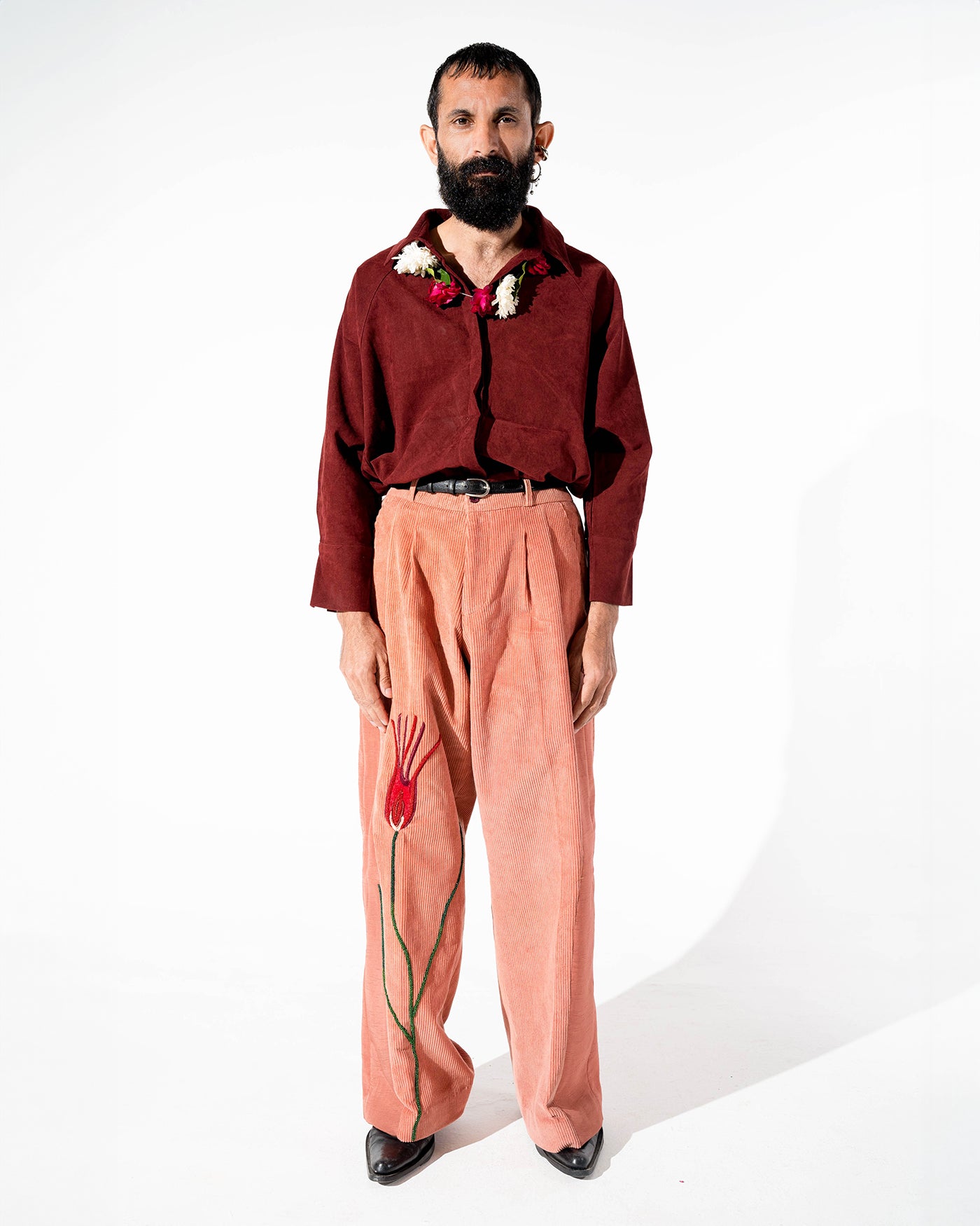 Red Tulip Silk and Corduroy Pants
