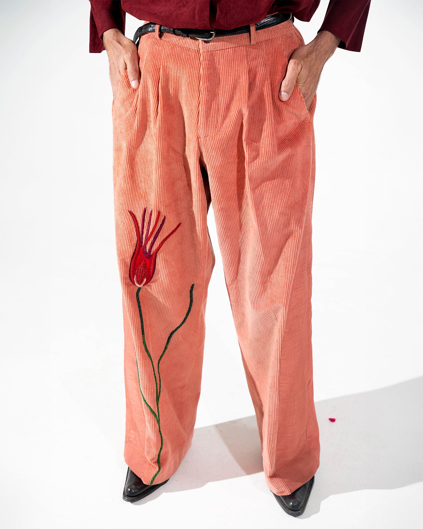 Red Tulip Silk and Corduroy Pants