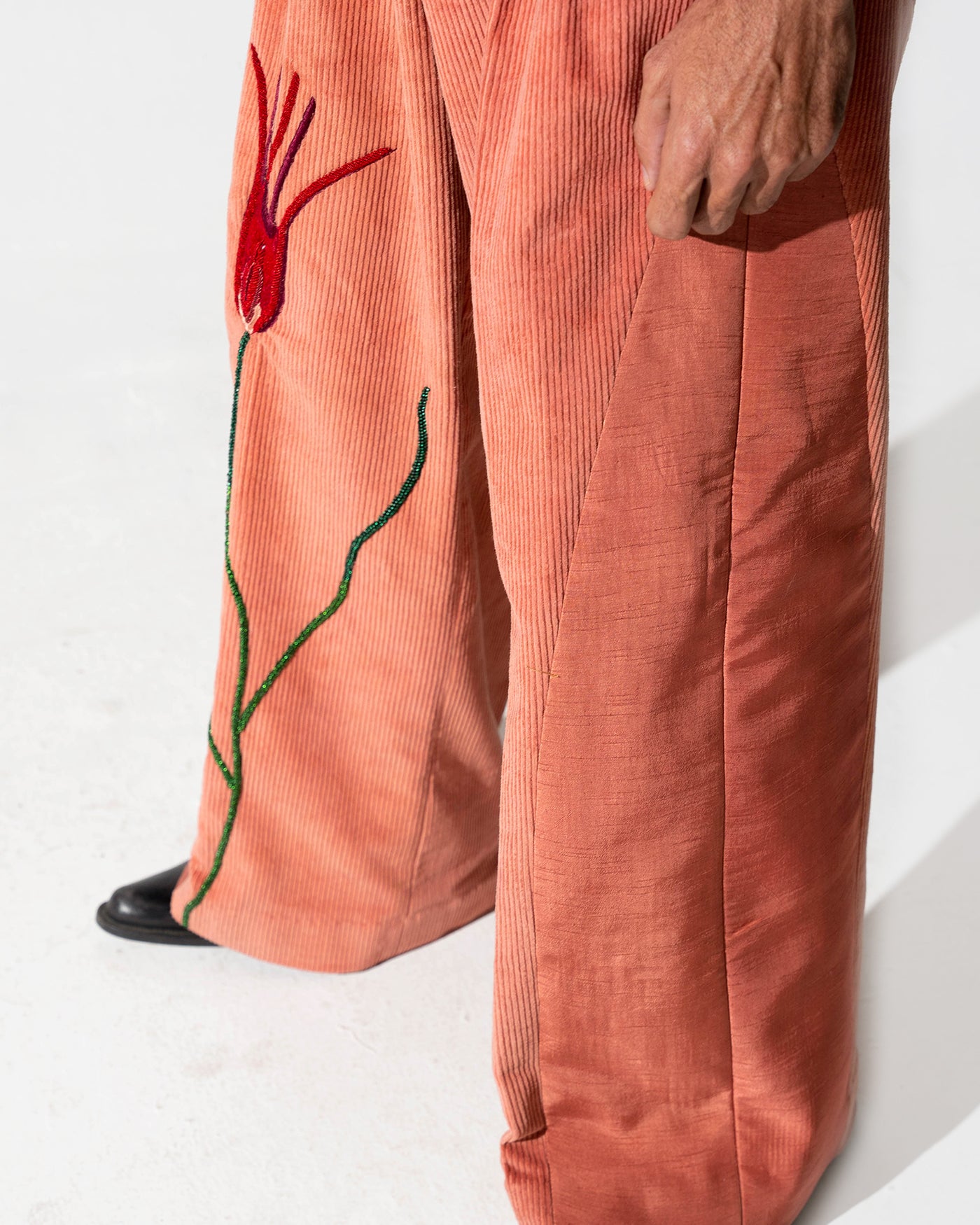Red Tulip Silk and Corduroy Pants