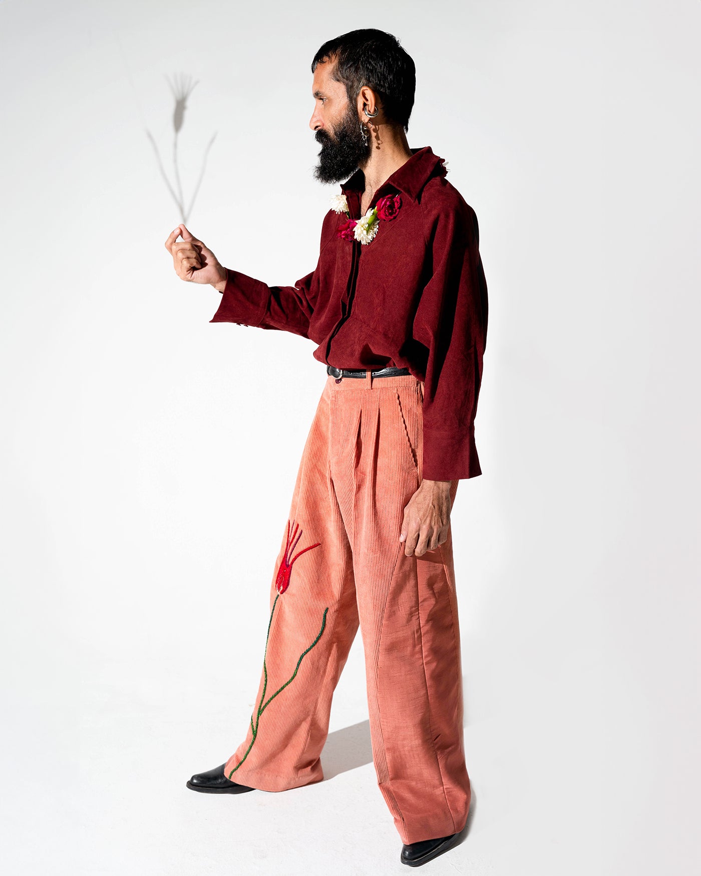 Red Tulip Silk and Corduroy Pants